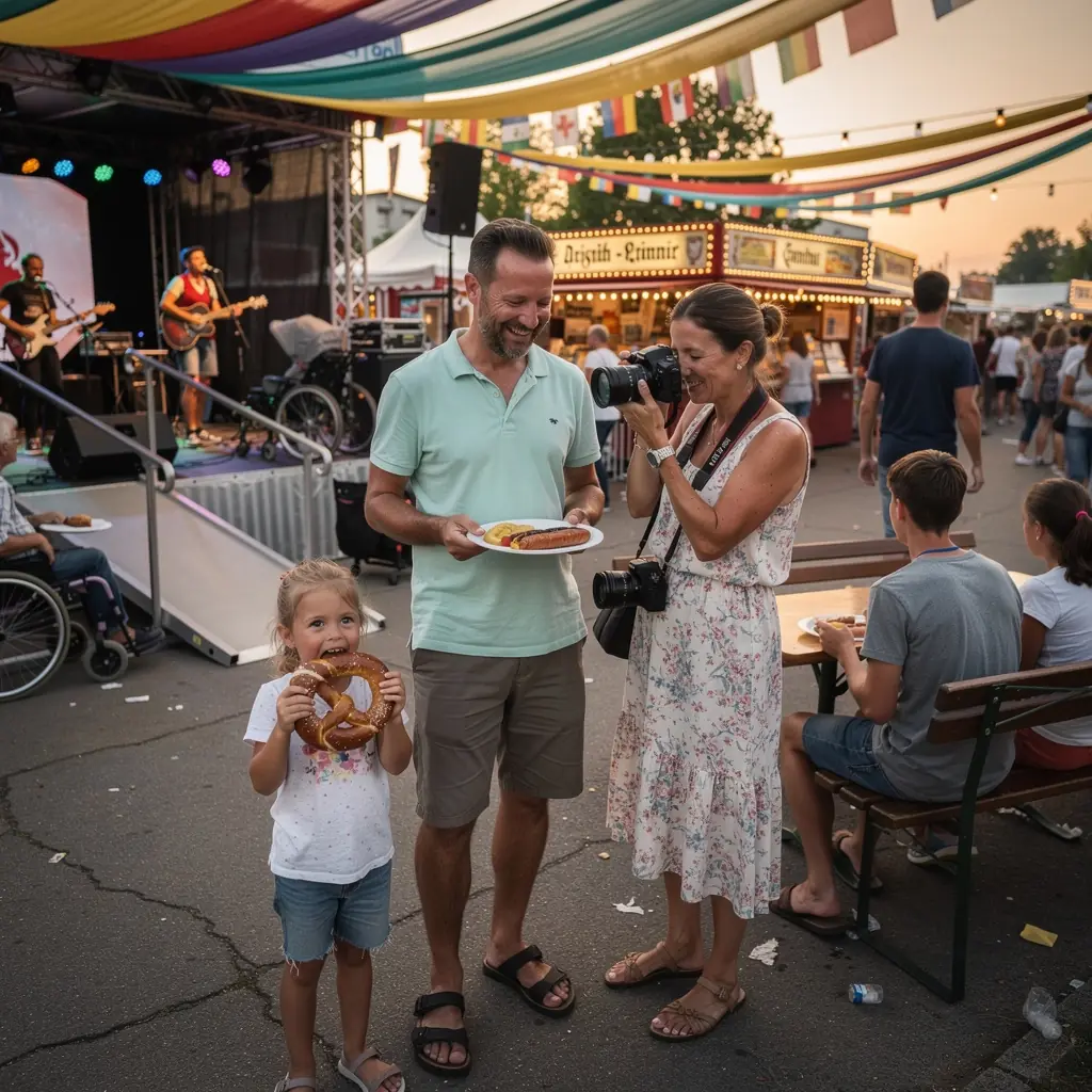 Eine Familie erkundet gemeinsam ein malerisches Dorf in Deutschland, umgeben von historischen Gebäuden.