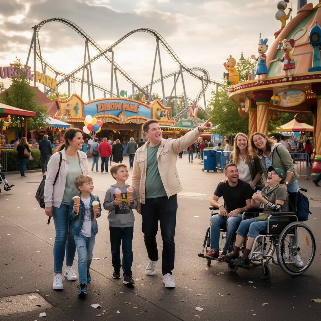 Kinder spielen fröhlich in einem weitläufigen, zugänglichen Freizeitpark mit attraktionstypischen Fahrgeschäften.
